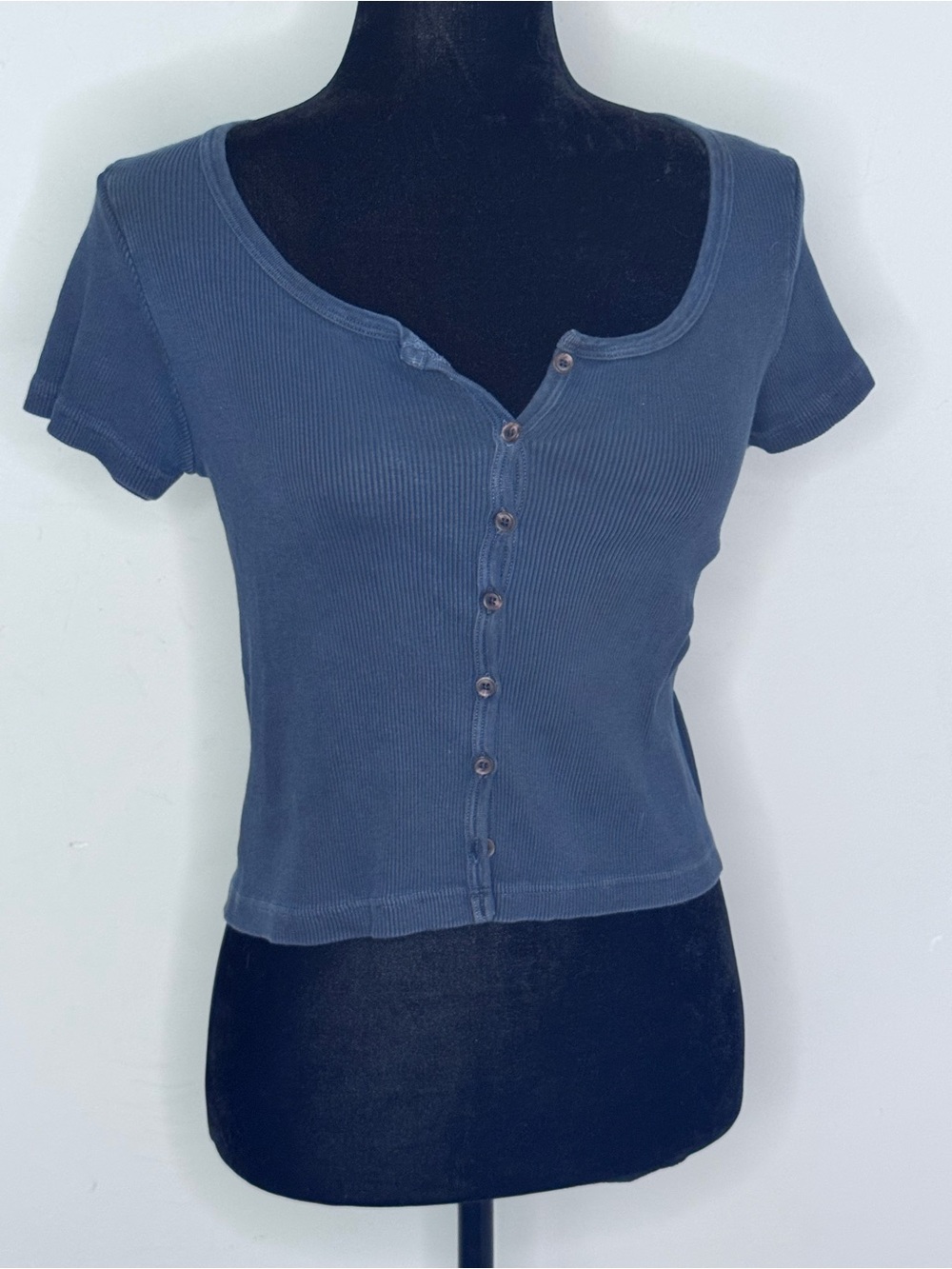 John Galt Brandy Melville Blue Ribbed Button Front Henley Top